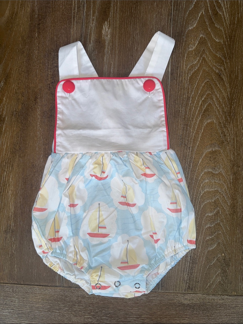 Stitchy Fish Sailboat Baby Romper with RedTrim